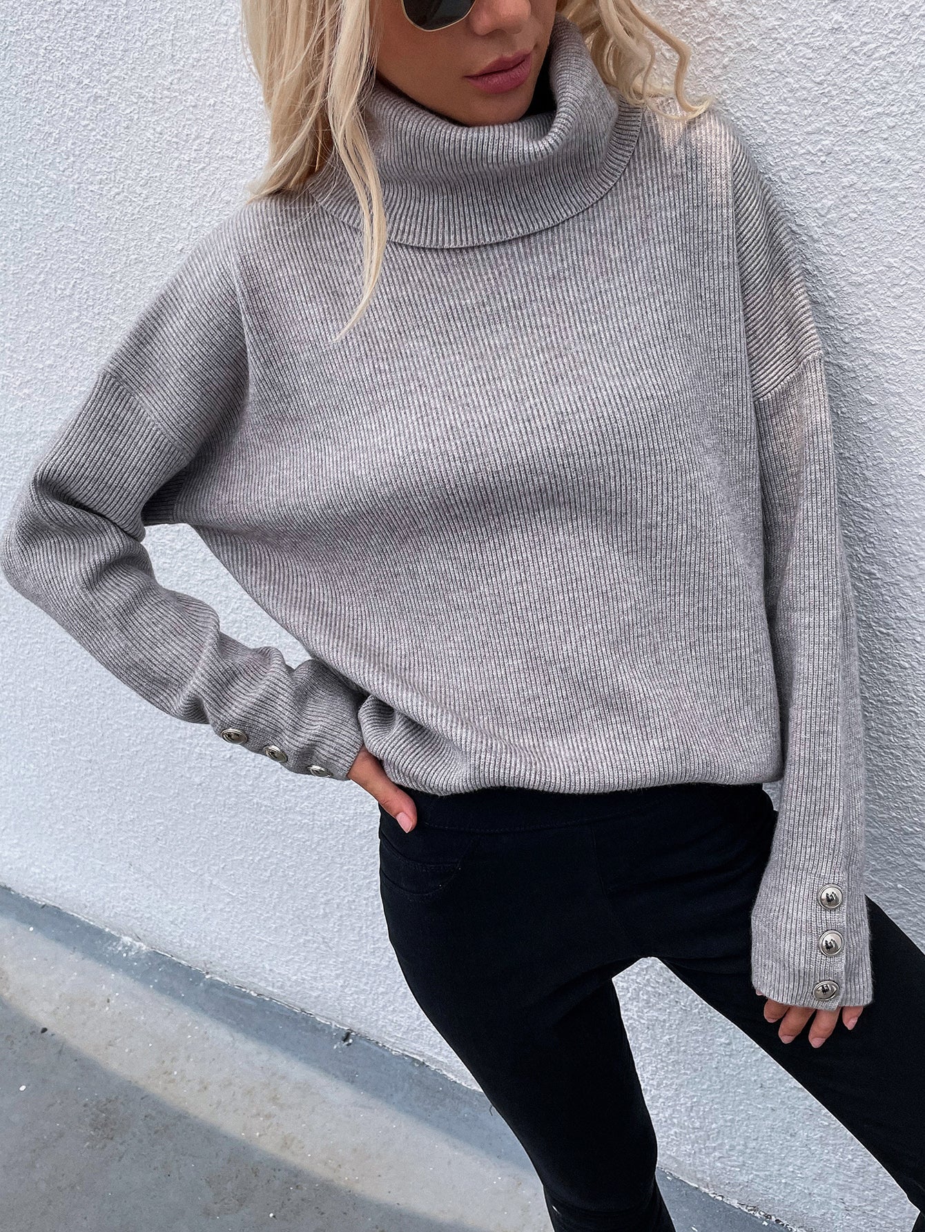 Button Detail Rib-Knit Turtleneck Sweater - The Beaucoup Home