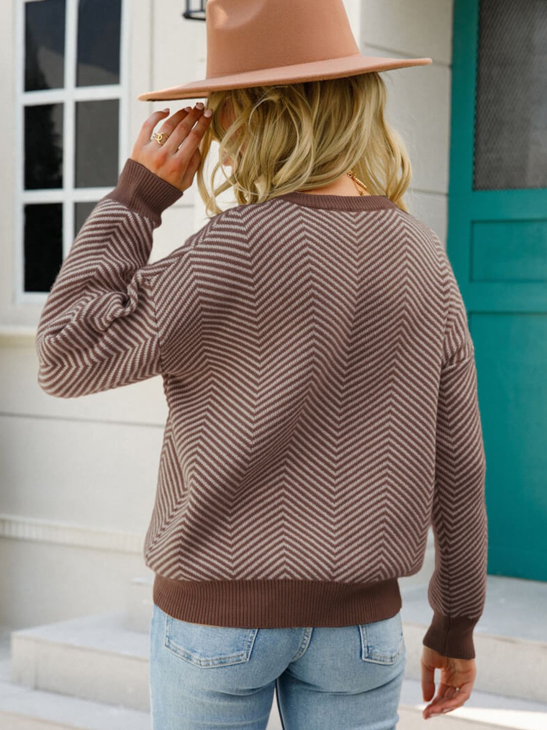 Chevron Ribbed Trim Dropped Shoulder Knit Pullover - The Beaucoup Home