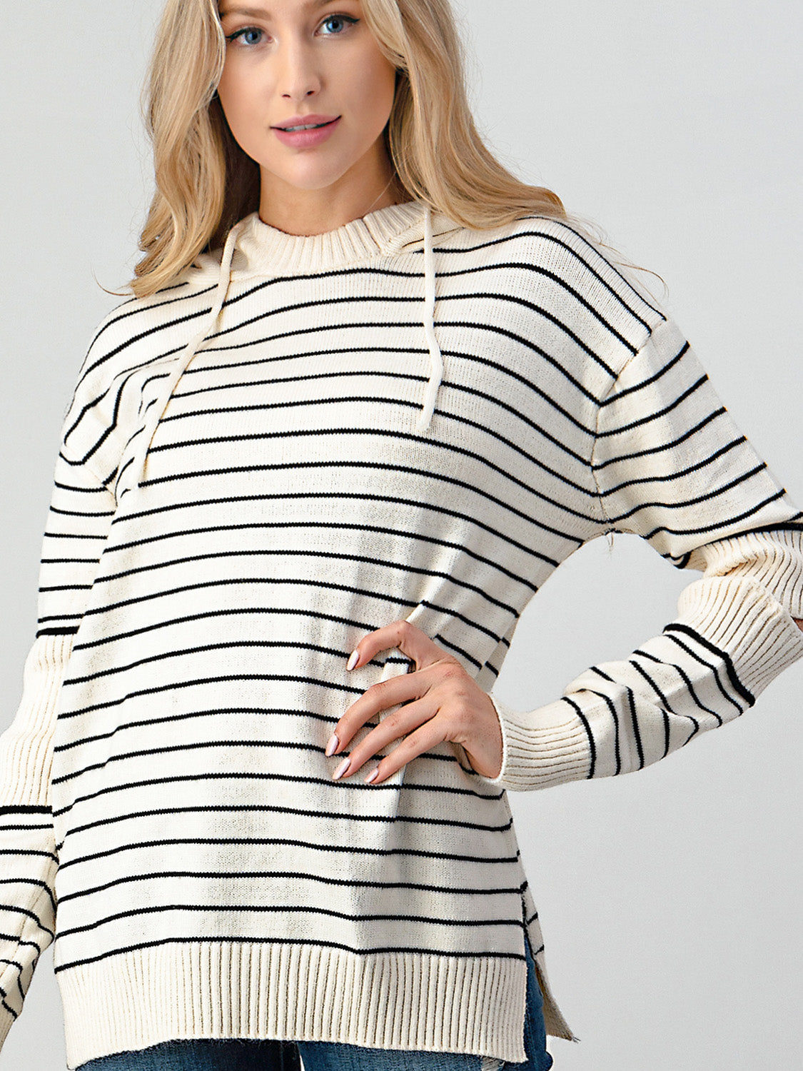 Striped Cutout Slit Sweater - The Beaucoup Home