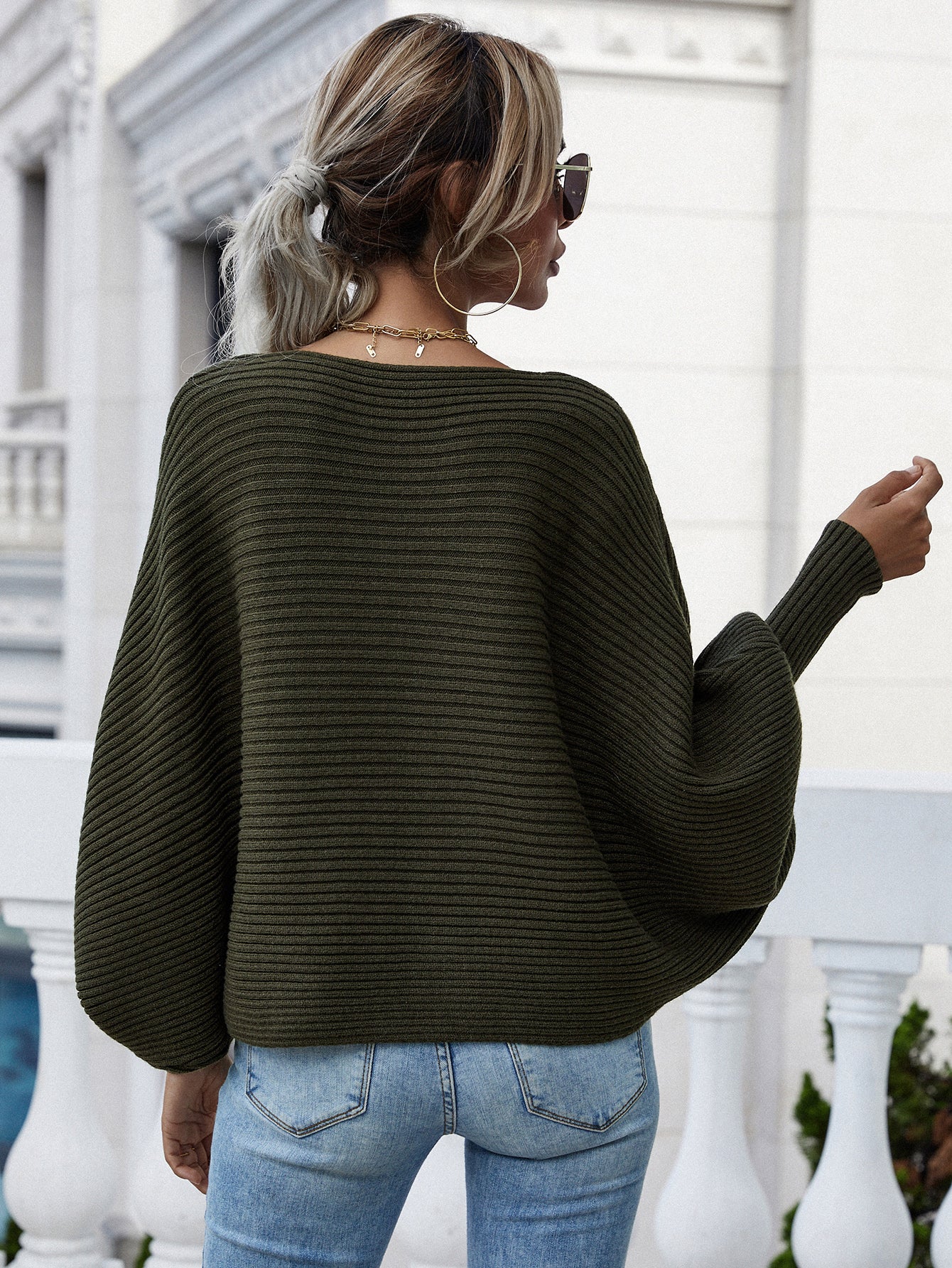 Horizontal Ribbing Dolman Sleeve Sweater - The Beaucoup Home