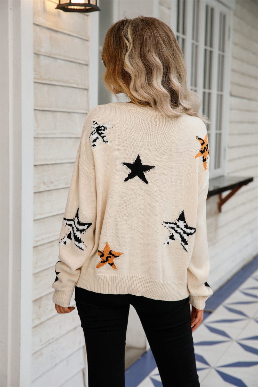 Star Pattern Round Neck Dropped Shoulder Sweater - The Beaucoup Home