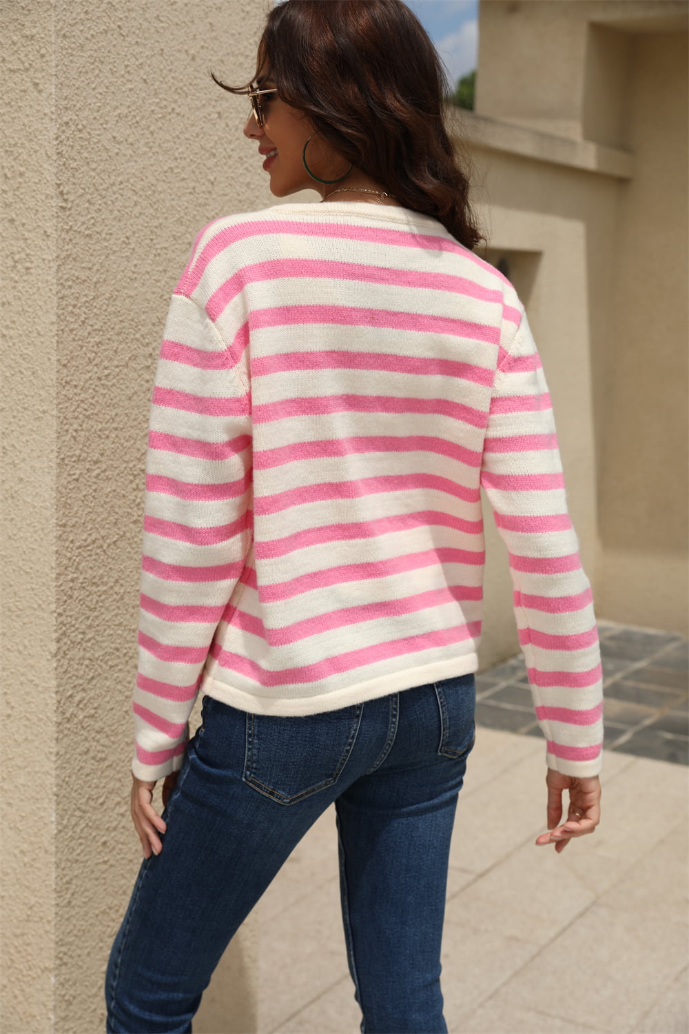 Striped Round Neck Button-Down Dropped Shoulder Cardigan - The Beaucoup Home