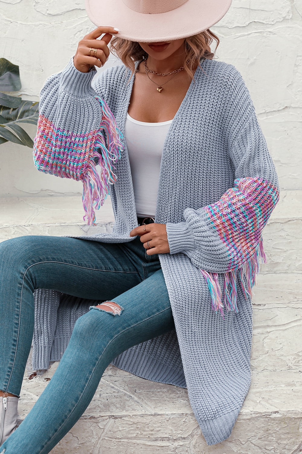 Fringe Sleeve Dropped Shoulder Cardigan - The Beaucoup Home