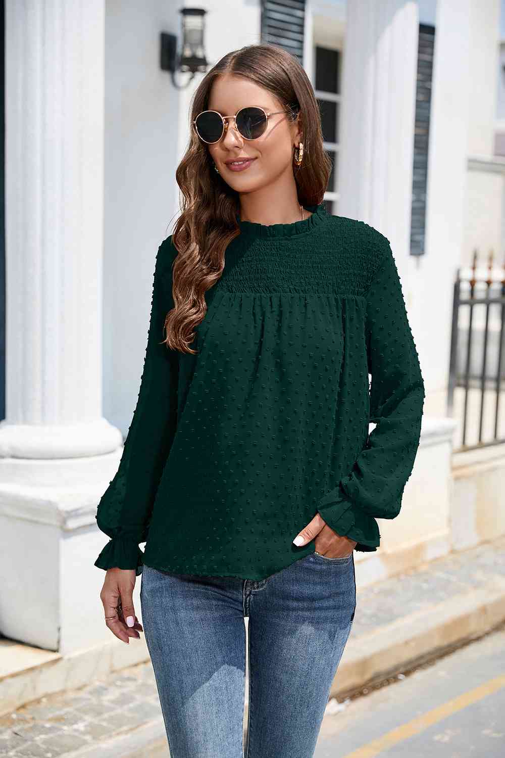 Smocked Mock Neck Swiss Dot Top - The Beaucoup Home