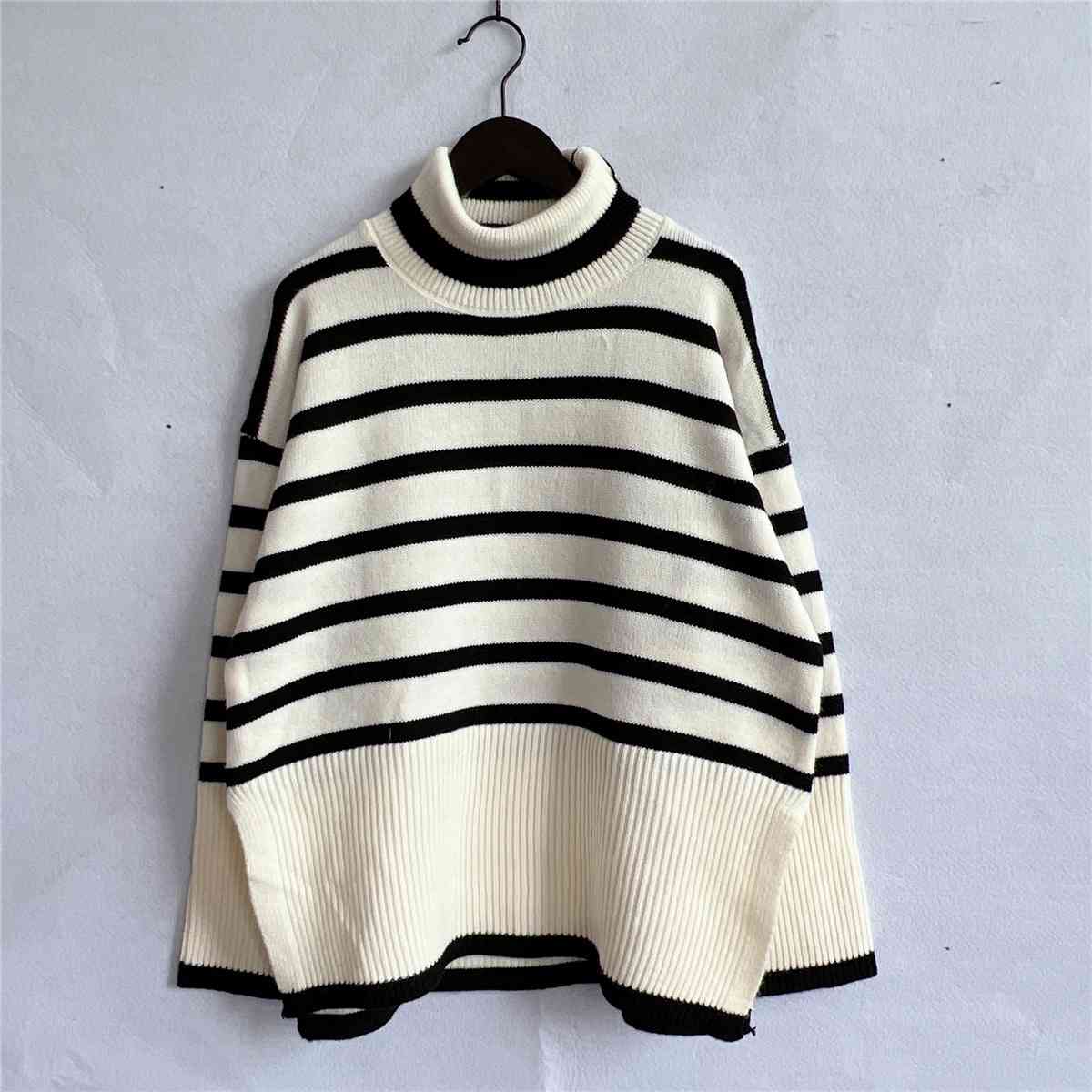 Striped Turtleneck Flare Sleeve Sweater - The Beaucoup Home