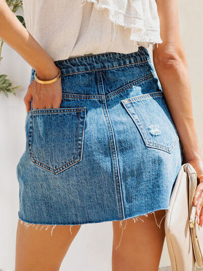 Button-Fly Distressed Raw Hem Denim Skirt - The Beaucoup Home