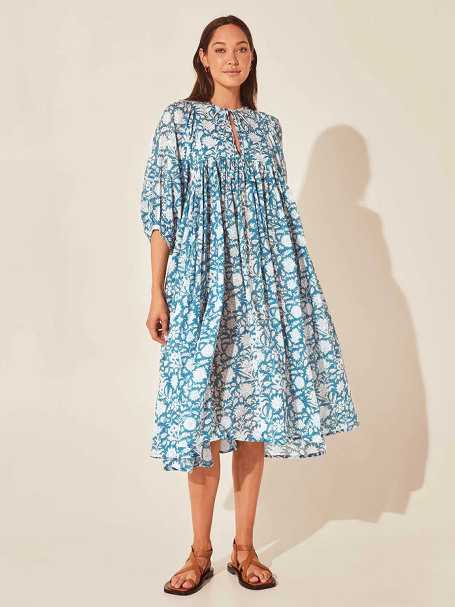 Floral Tie Neck Lantern Sleeve Dress - The Beaucoup Home