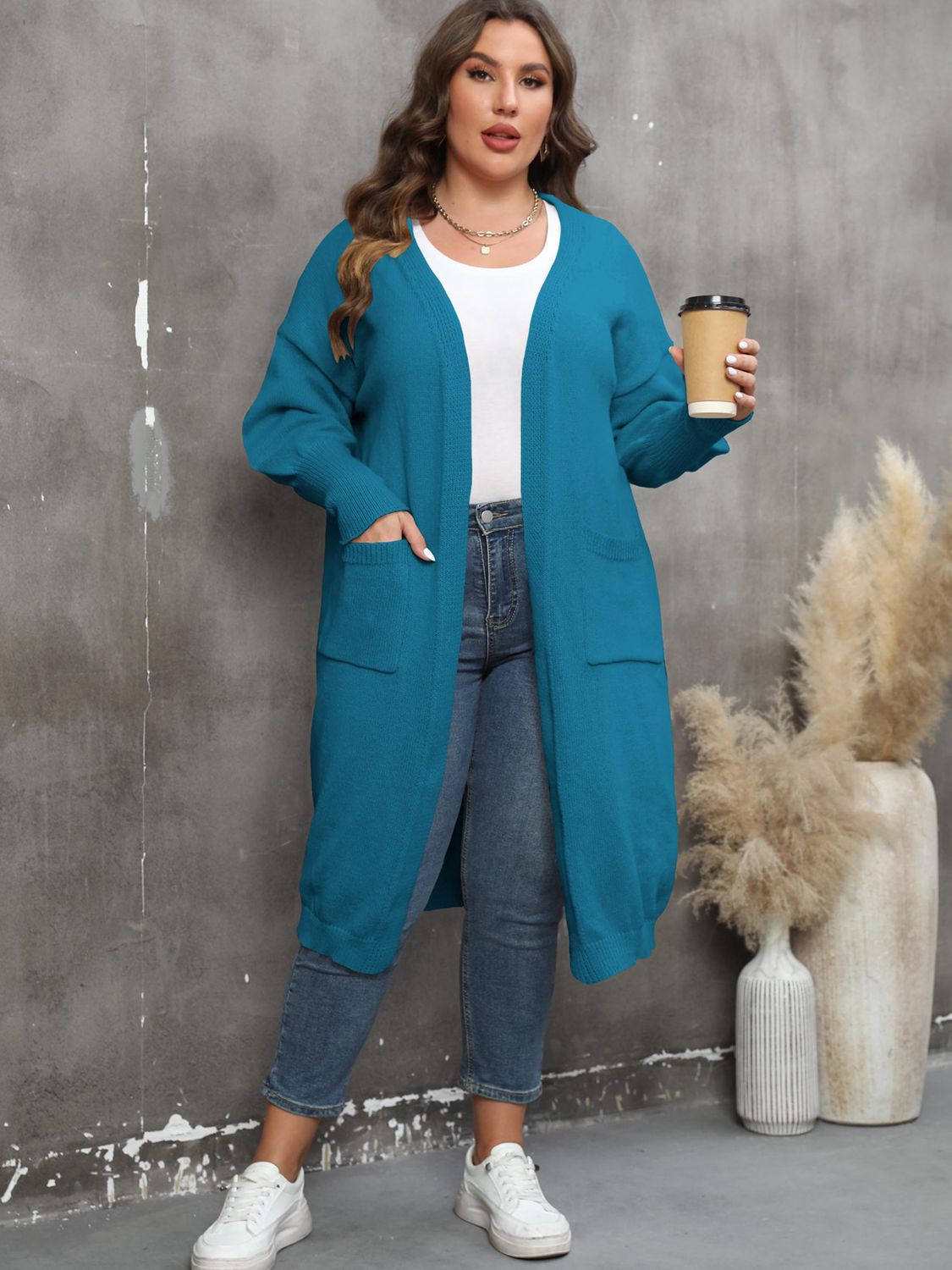 Plus Size Long Sleeve Pocketed Cardigan - The Beaucoup Home