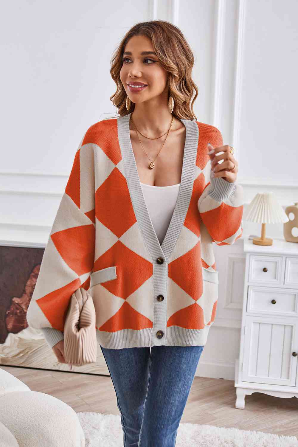 Geometric Lantern Sleeve Cardigan with Pockets - The Beaucoup Home