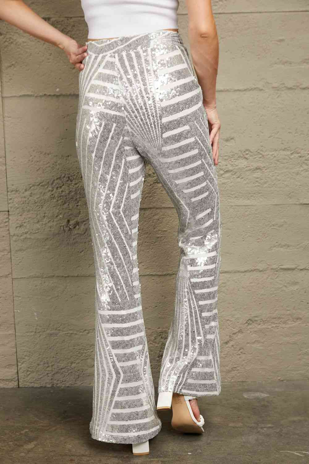 Double Take Sequin High Waist Flared Pants - The Beaucoup Home