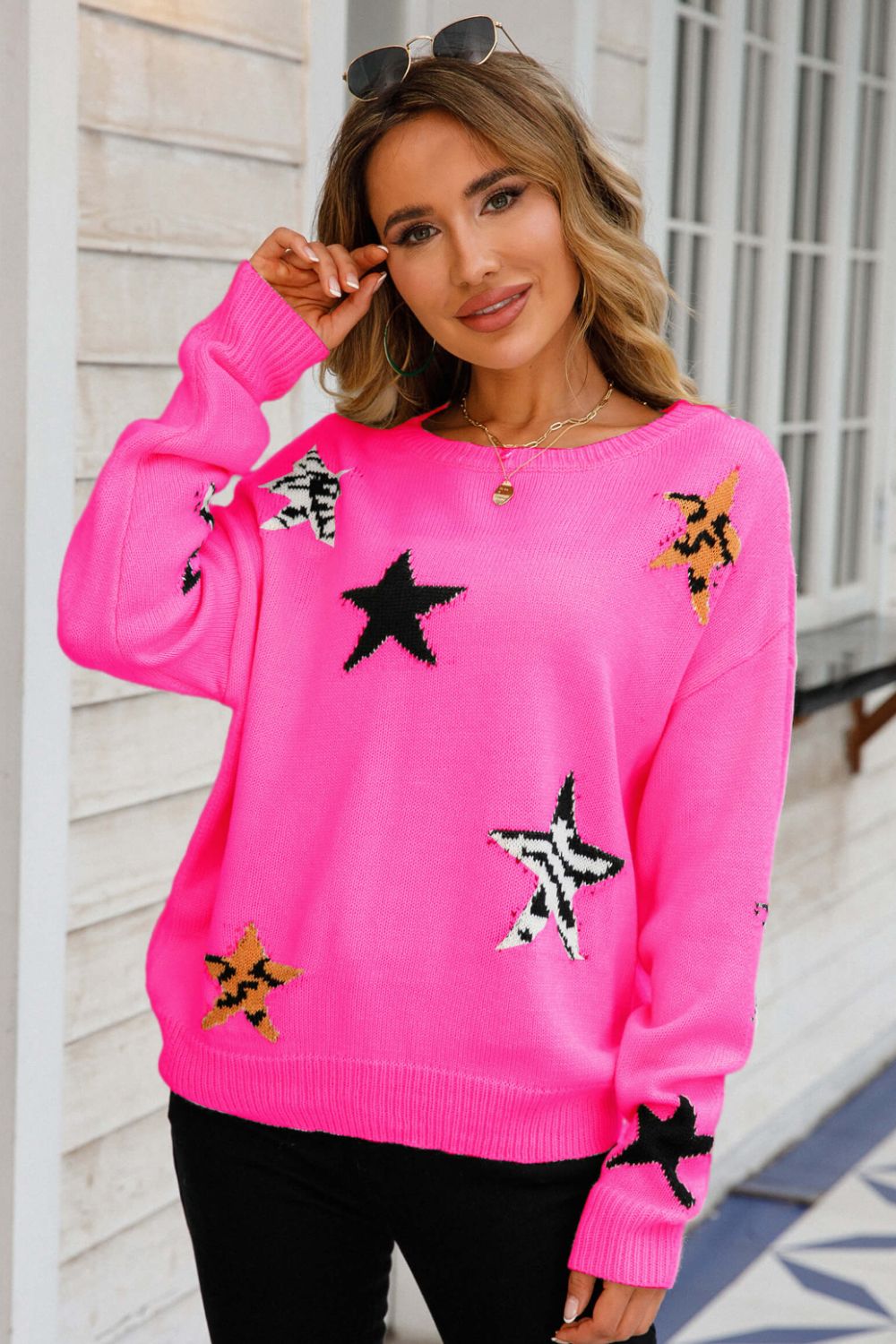 Star Pattern Round Neck Dropped Shoulder Sweater - The Beaucoup Home