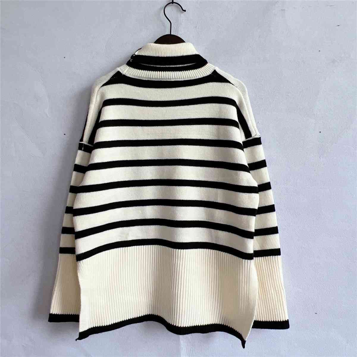 Striped Turtleneck Flare Sleeve Sweater - The Beaucoup Home