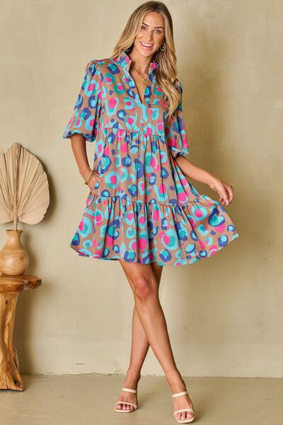 Notched Balloon Sleeve Mini Dress - The Beaucoup Home