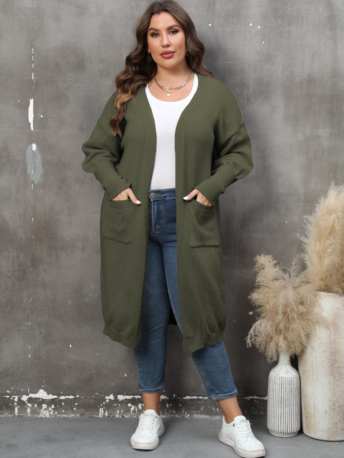 Plus Size Long Sleeve Pocketed Cardigan - The Beaucoup Home