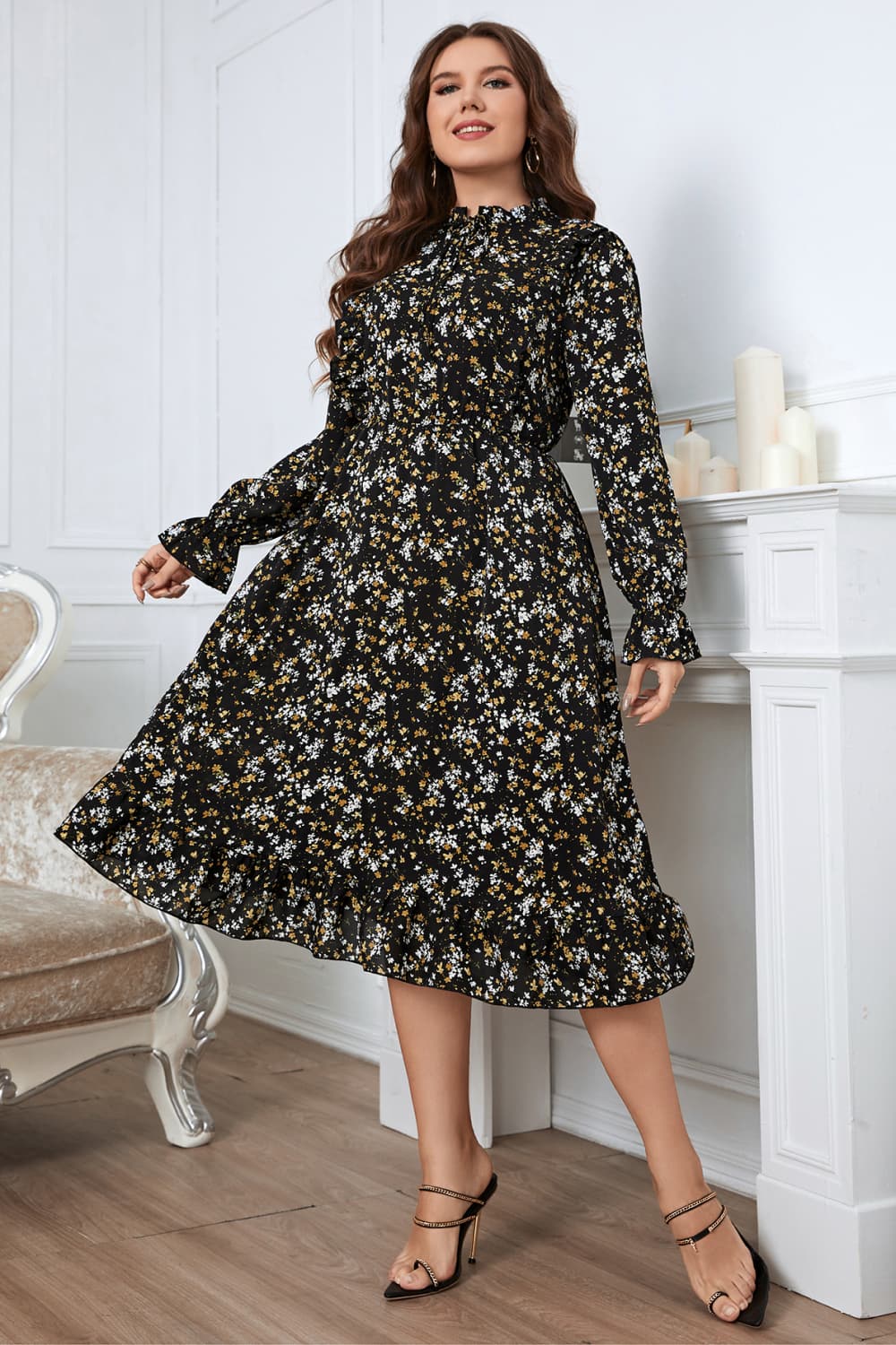 Melo Apparel Plus Size Floral Flounce Sleeve Midi Dress - The Beaucoup Home