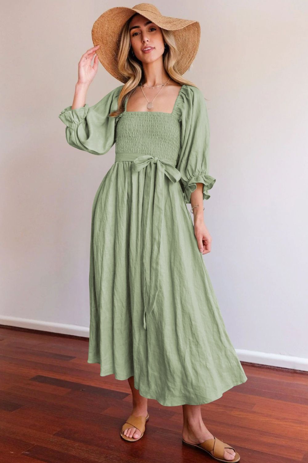 Smocked Square Neck Flounce Sleeve Dress - The Beaucoup Home