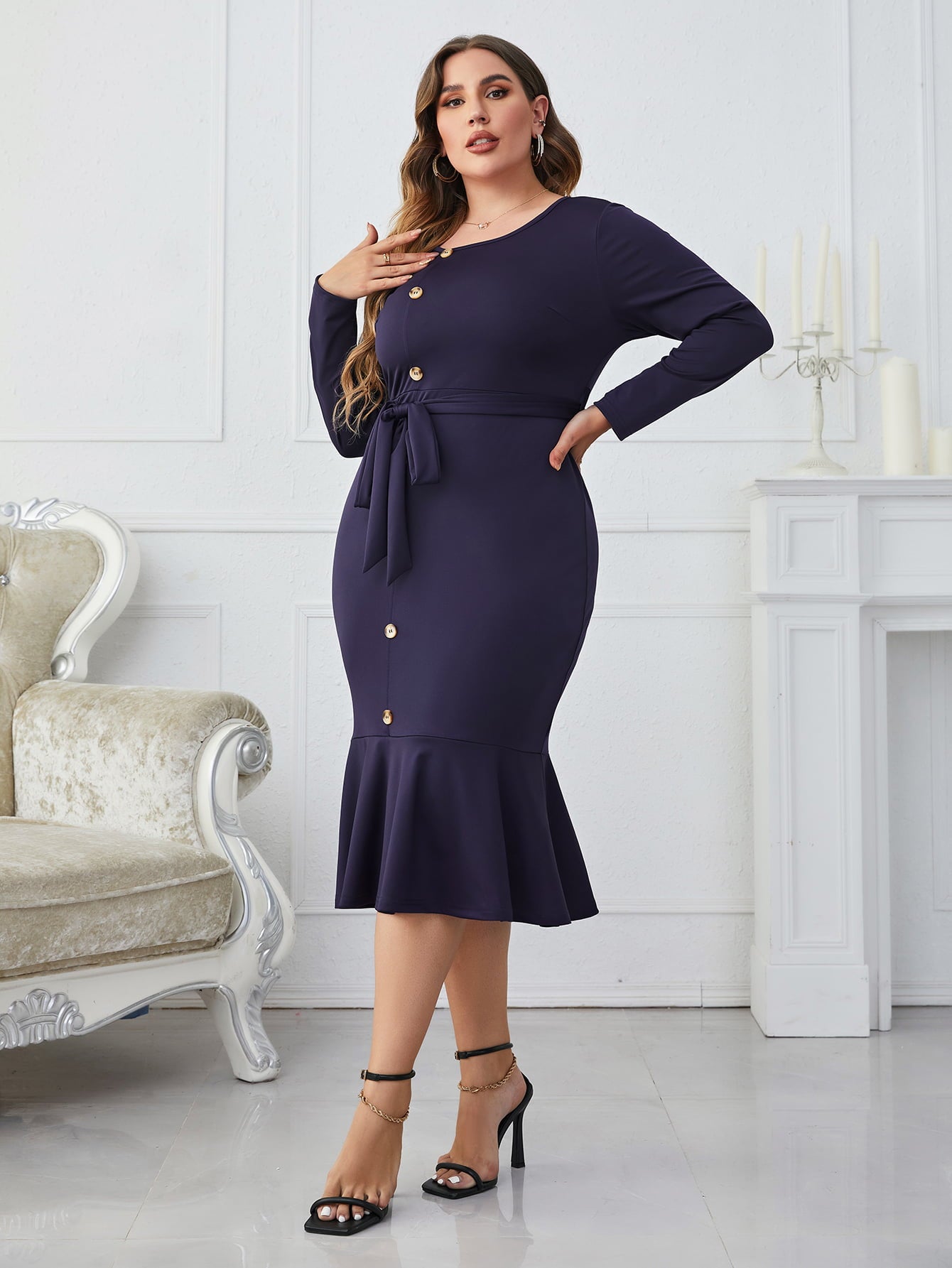 Melo Apparel Plus Size Buttoned Round Neck Tie Belt Midi Dress - The Beaucoup Home