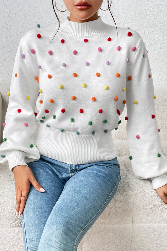 Pom-Pom Trim Mock Neck Long Sleeve Pullover Sweater - The Beaucoup Home