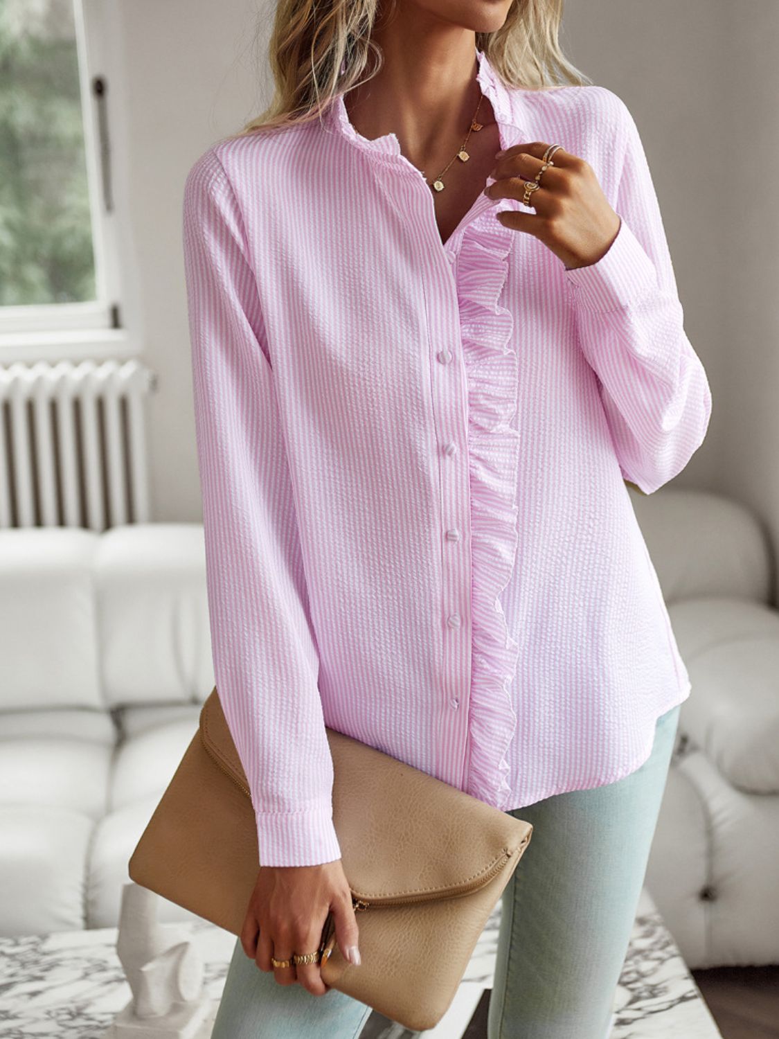 Ruffle Trim Long Sleeve Shirt - The Beaucoup Home