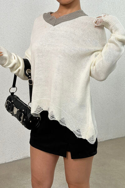 Distressed V-Neck Dropped Shoulder Sweater - The Beaucoup Home