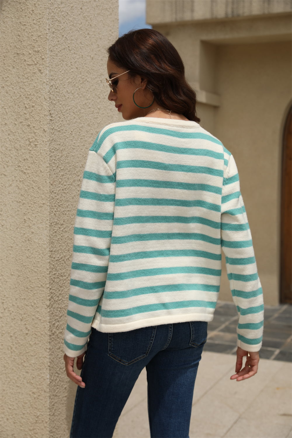 Striped Round Neck Button-Down Dropped Shoulder Cardigan - The Beaucoup Home