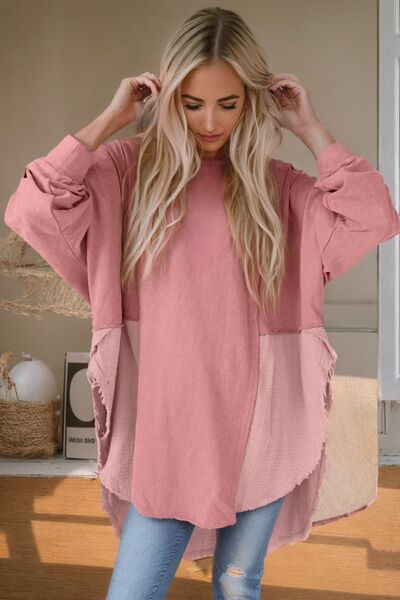 Contrast Texture Round Neck Long Sleeve Blouse - The Beaucoup Home