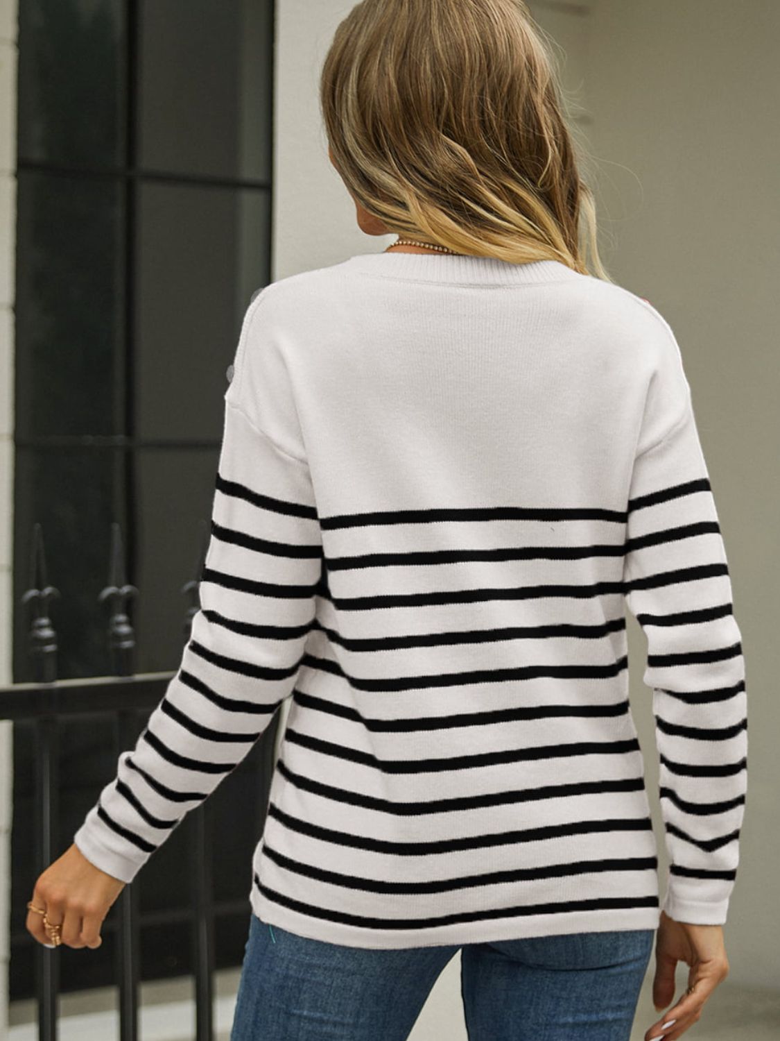 Round Neck Shoulder Button Striped Pullover Sweater - The Beaucoup Home