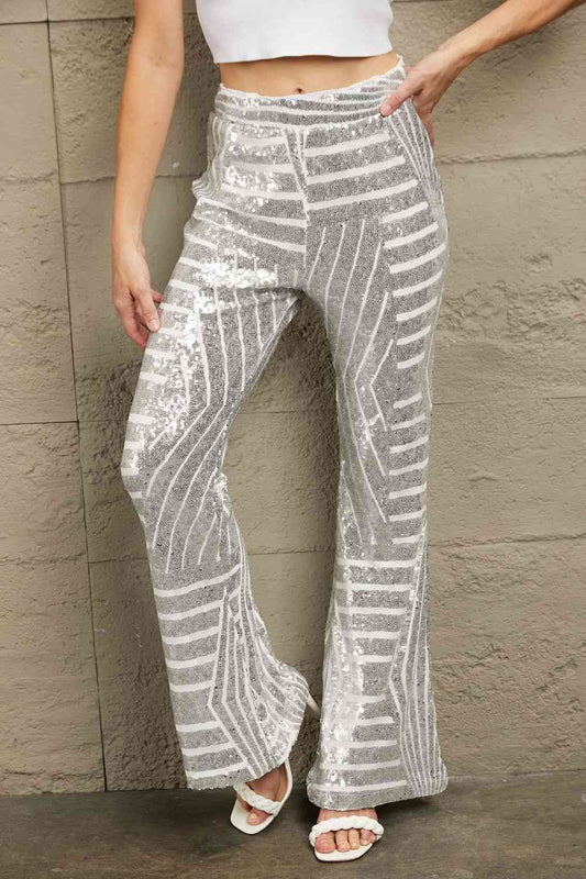 Double Take Sequin High Waist Flared Pants - The Beaucoup Home