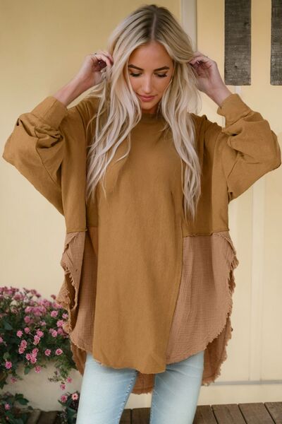 Contrast Texture Round Neck Long Sleeve Blouse - The Beaucoup Home