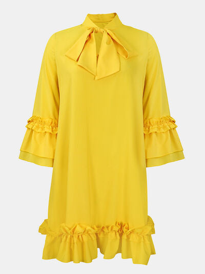 Frill Tie Neck Three-Quarter Sleeve Dress - The Beaucoup Home