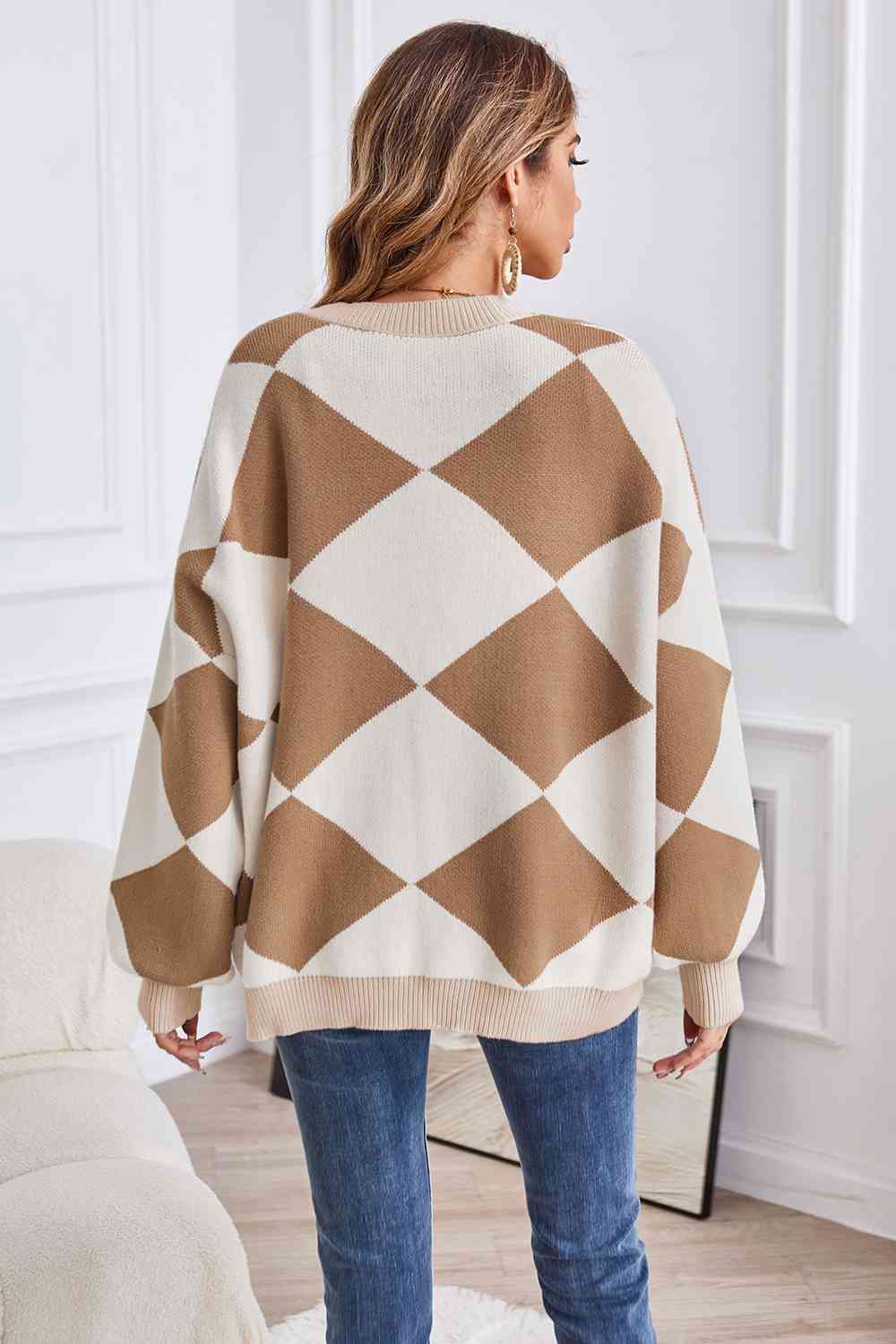 Geometric Lantern Sleeve Cardigan with Pockets - The Beaucoup Home