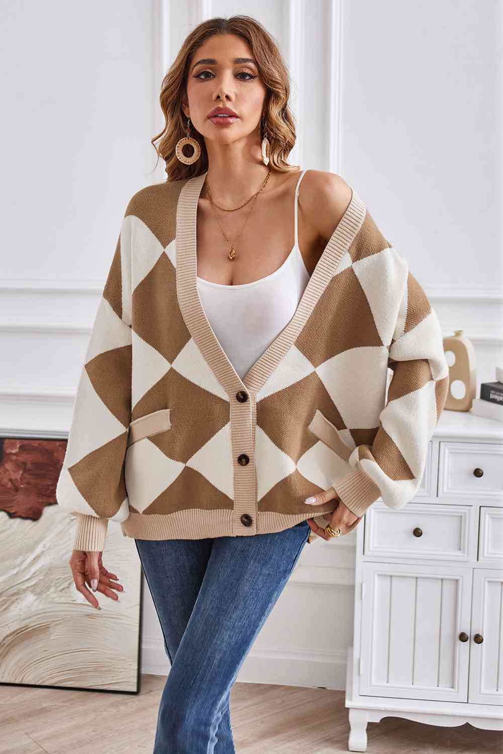 Geometric Lantern Sleeve Cardigan with Pockets - The Beaucoup Home