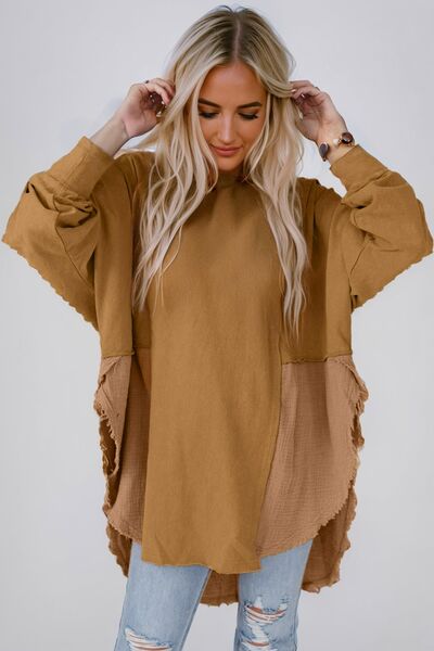 Contrast Texture Round Neck Long Sleeve Blouse - The Beaucoup Home