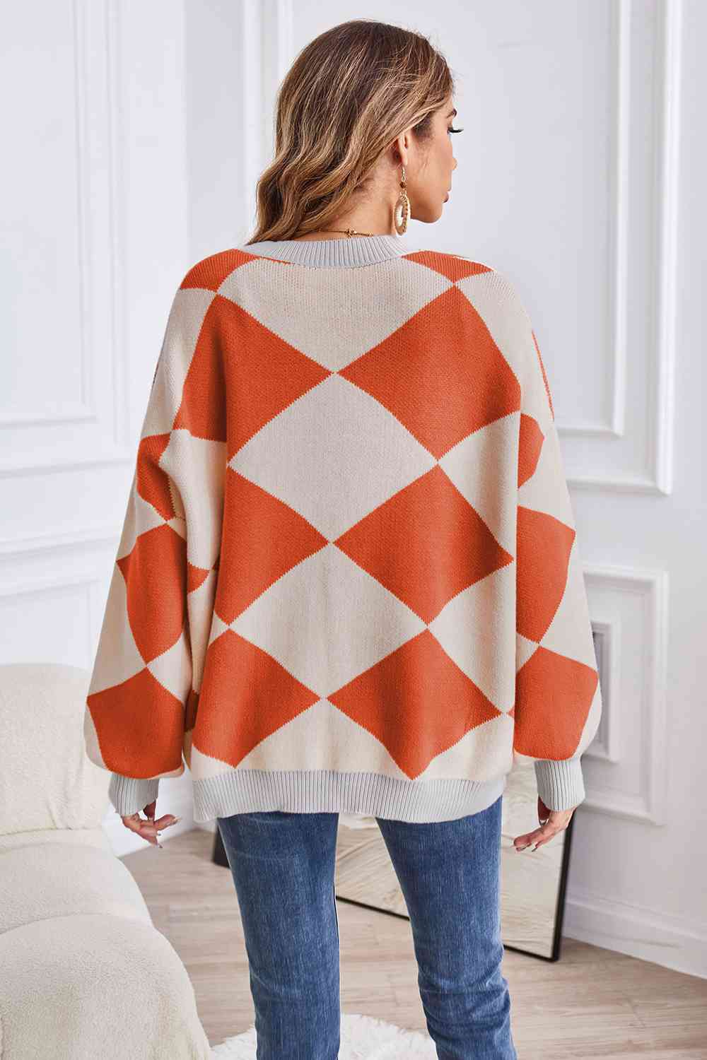 Geometric Lantern Sleeve Cardigan with Pockets - The Beaucoup Home