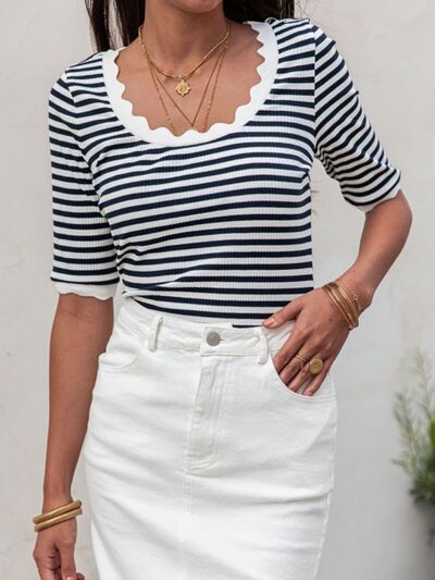 Striped Round Neck Half Sleeve T-Shirt - The Beaucoup Home