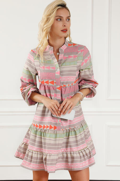 Tiered Notched Balloon Sleeve Buttoned Dress - The Beaucoup Home