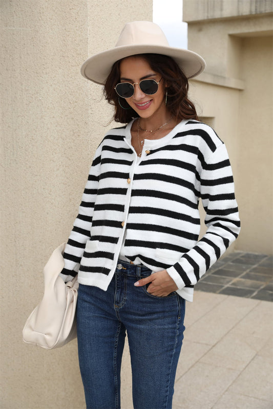 Striped Round Neck Button-Down Dropped Shoulder Cardigan - The Beaucoup Home