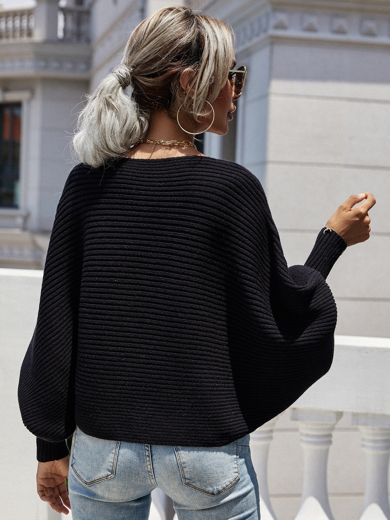 Horizontal Ribbing Dolman Sleeve Sweater - The Beaucoup Home