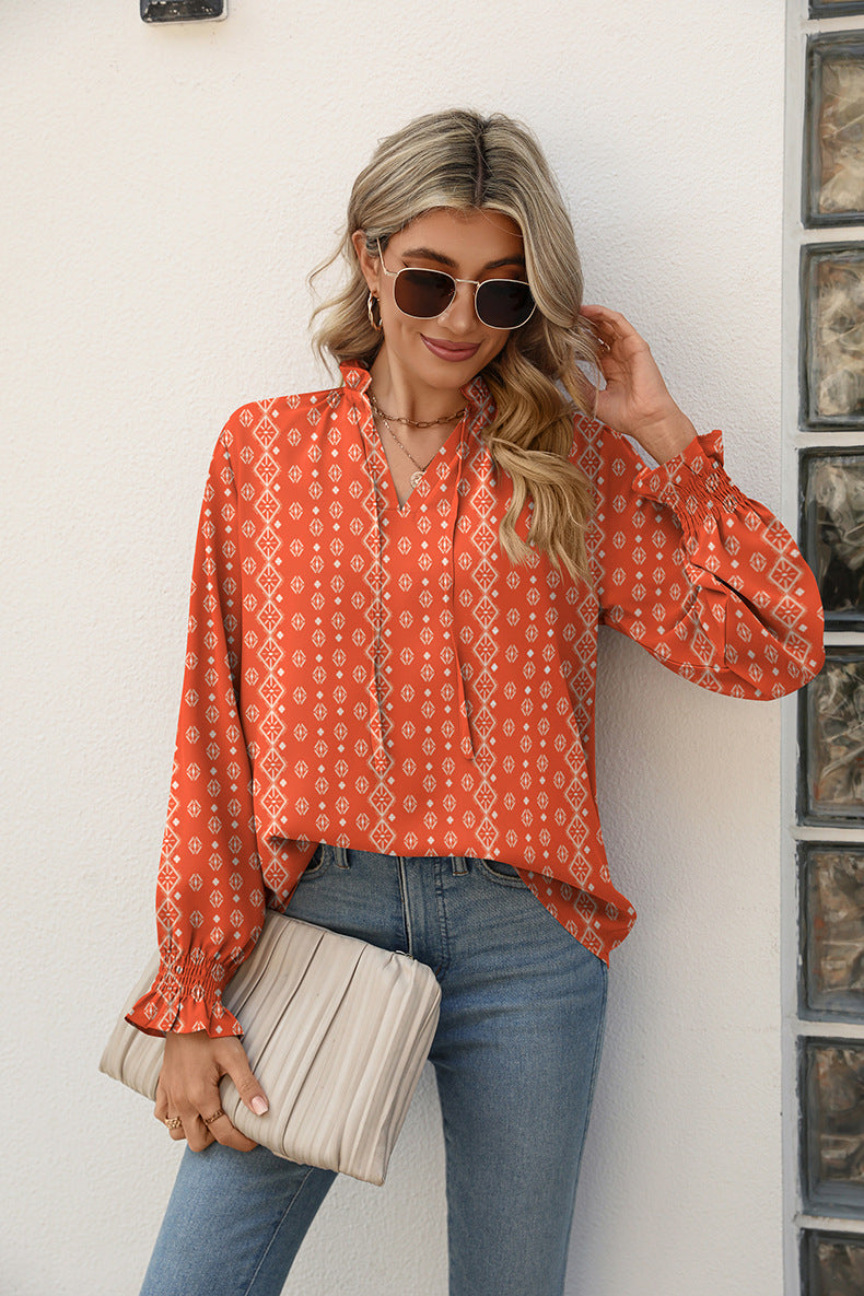 Printed Tie Neck Flounce Sleeve Blouse - The Beaucoup Home