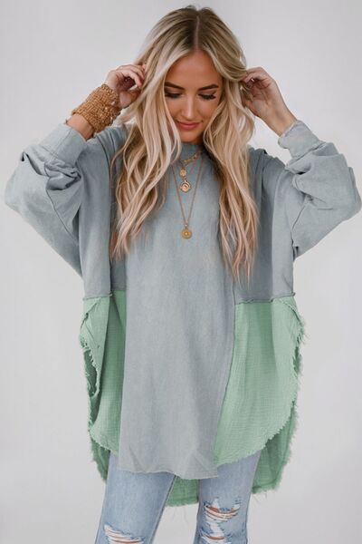 Contrast Texture Round Neck Long Sleeve Blouse - The Beaucoup Home