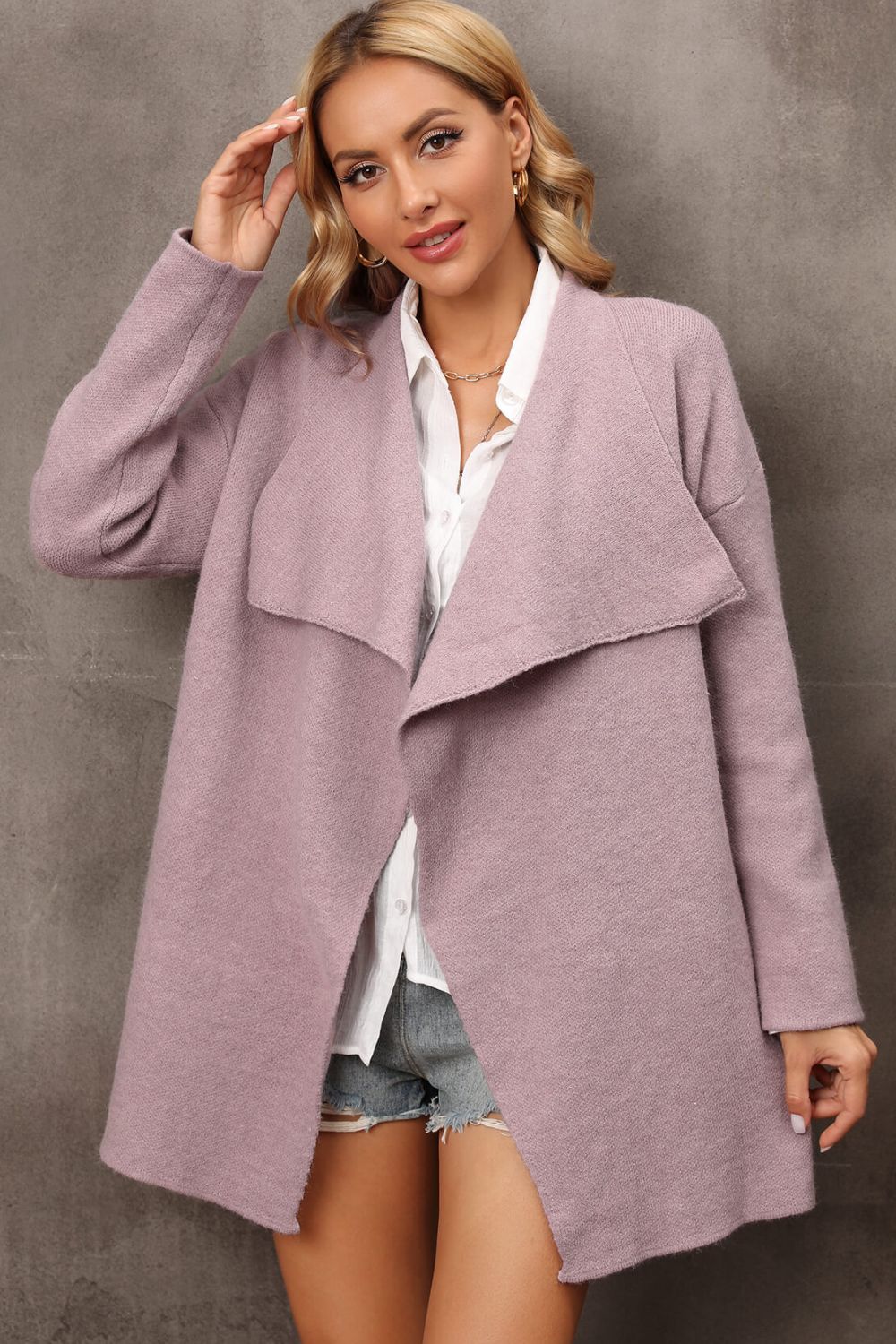 Waterfall Collar Longline Cardigan with Side Pockets - The Beaucoup Home