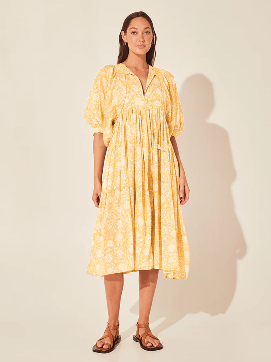 Floral Tie Neck Lantern Sleeve Dress - The Beaucoup Home