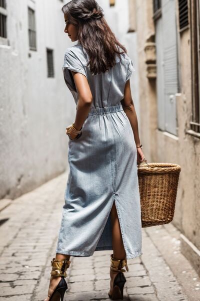 Slit Pocketed Half Button Denim Dress - The Beaucoup Home