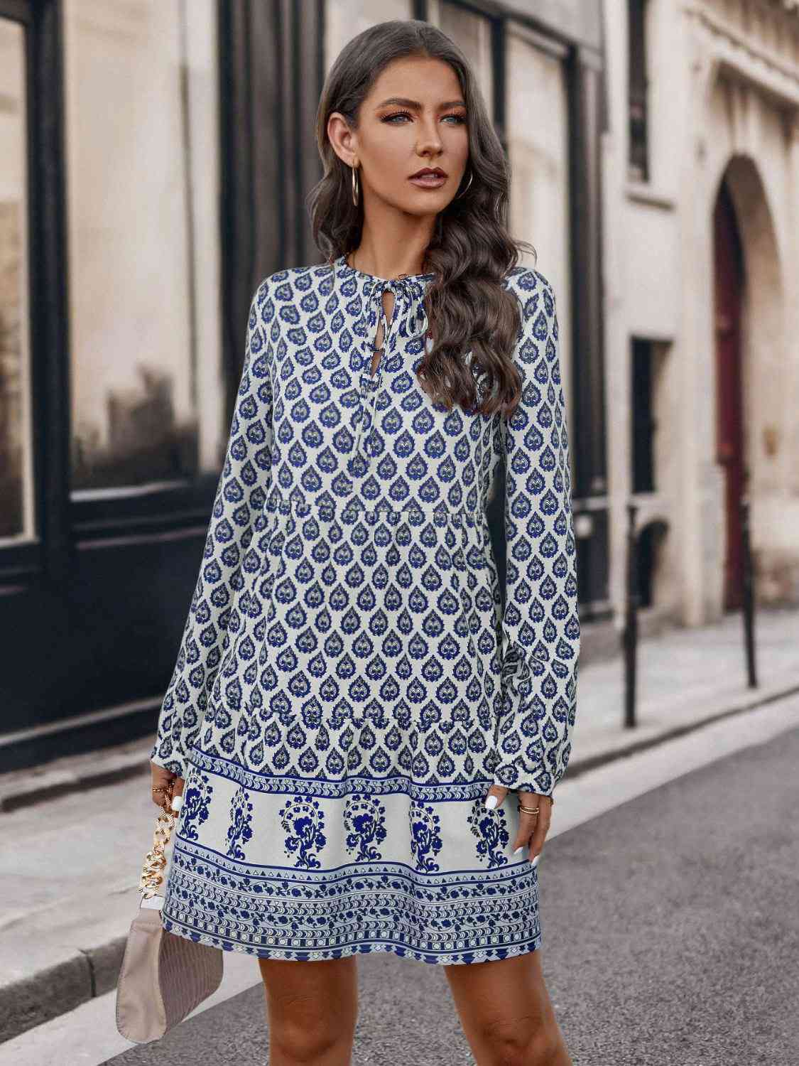 Printed Tie Neck Long Sleeve Dress - The Beaucoup Home