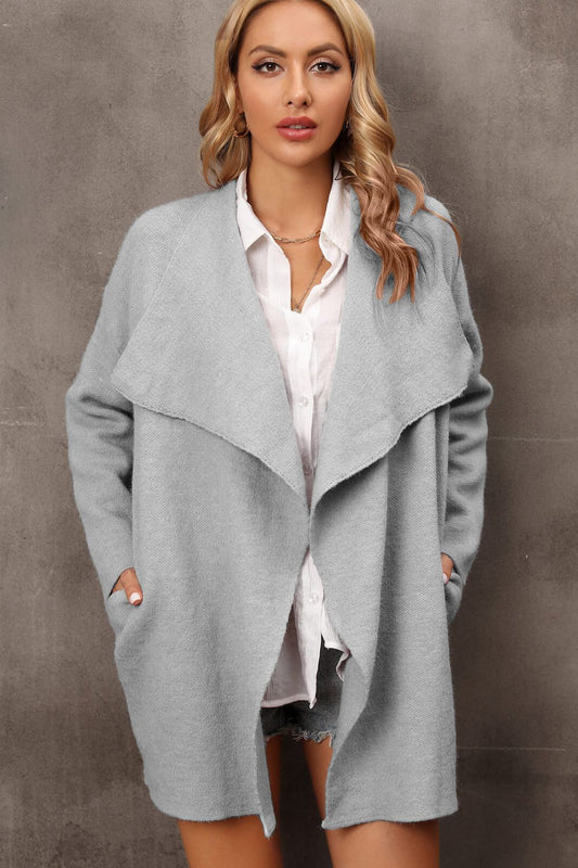 Waterfall Collar Longline Cardigan with Side Pockets - The Beaucoup Home