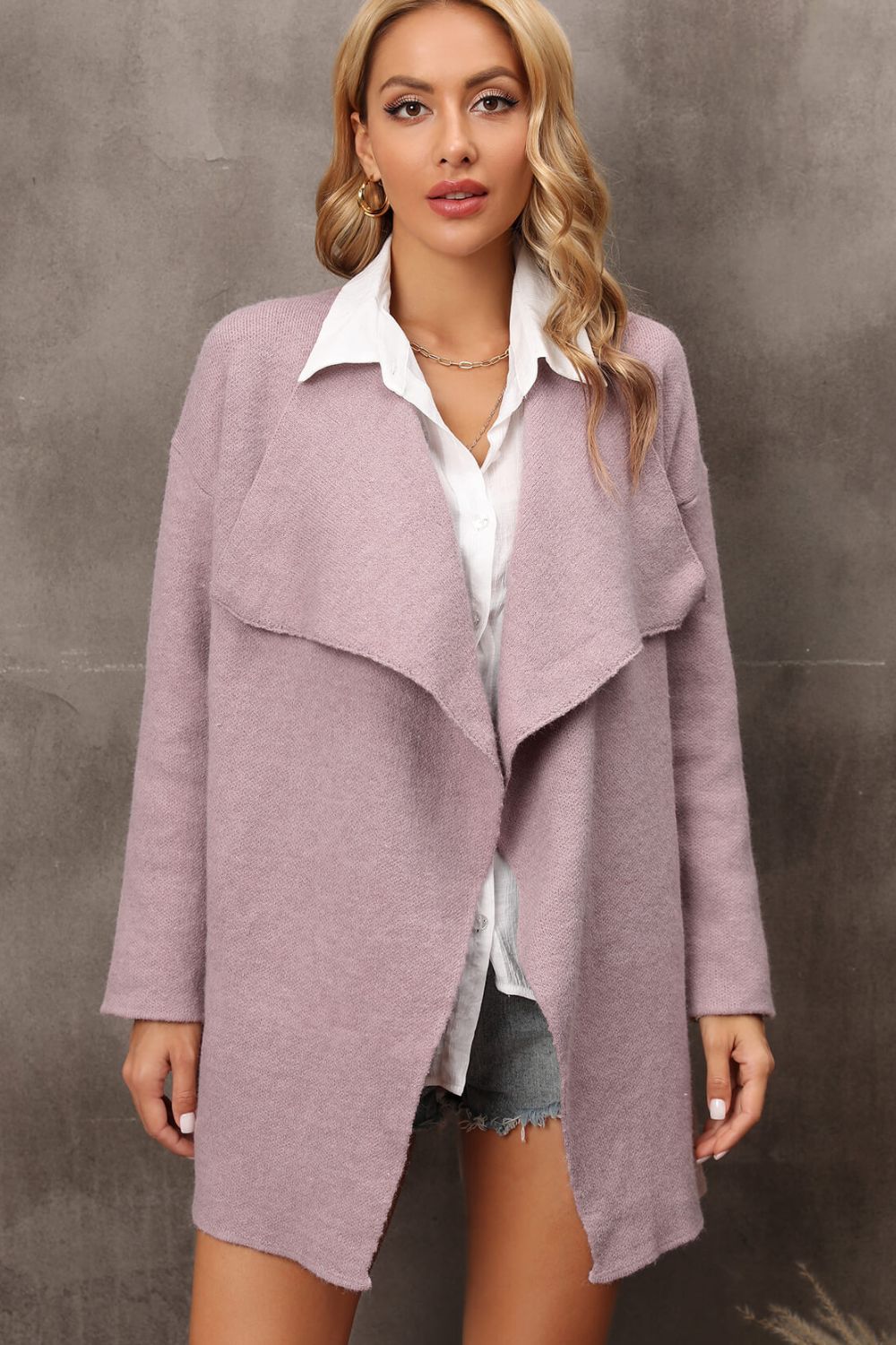 Waterfall Collar Longline Cardigan with Side Pockets - The Beaucoup Home