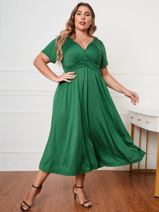 Plus Size Short Sleeve Surplice Neck Midi Dress - The Beaucoup Home