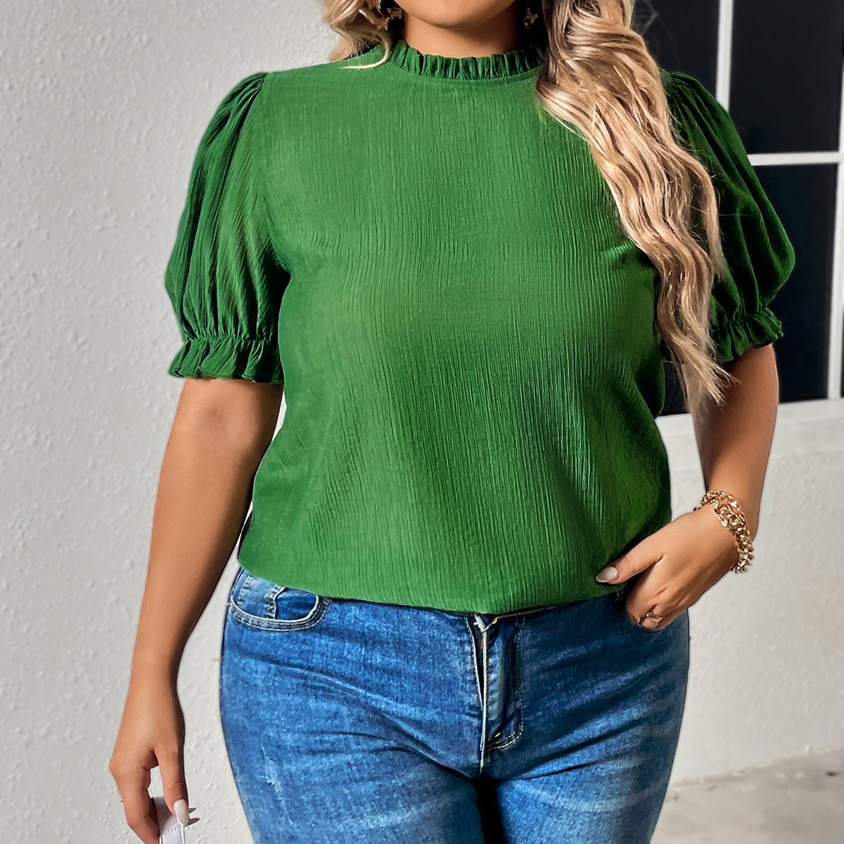 Plus Size Round Neck Flounce Sleeve Blouse - The Beaucoup Home