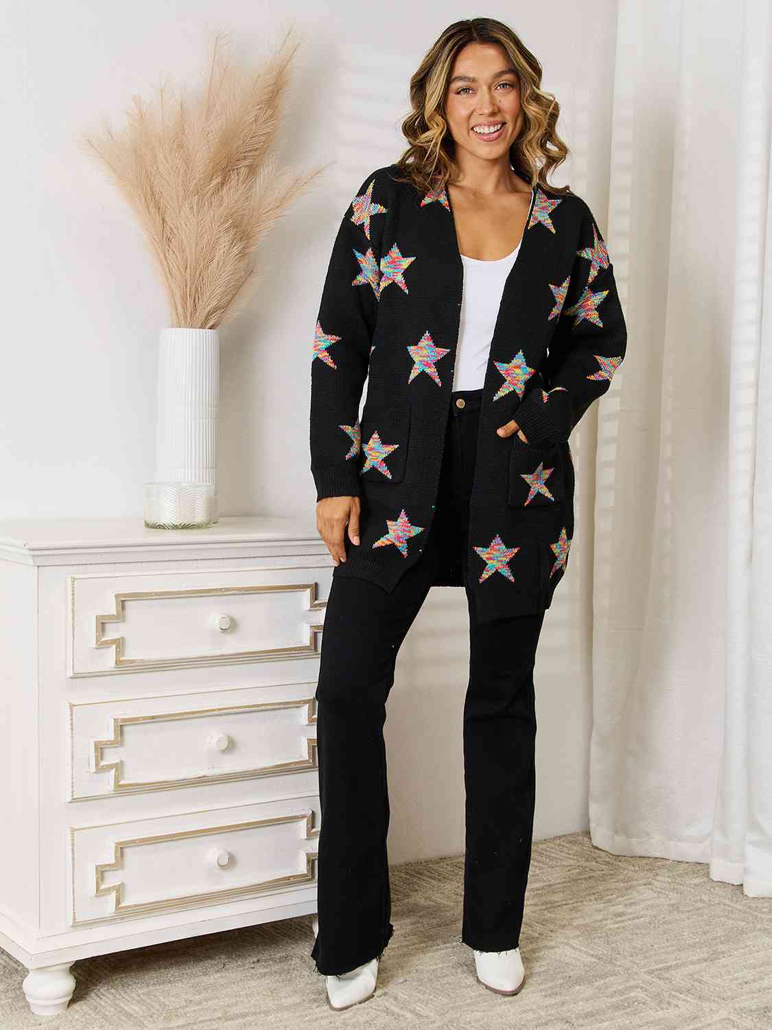 Star Pattern Open Front Cardigan with Pockets - The Beaucoup Home