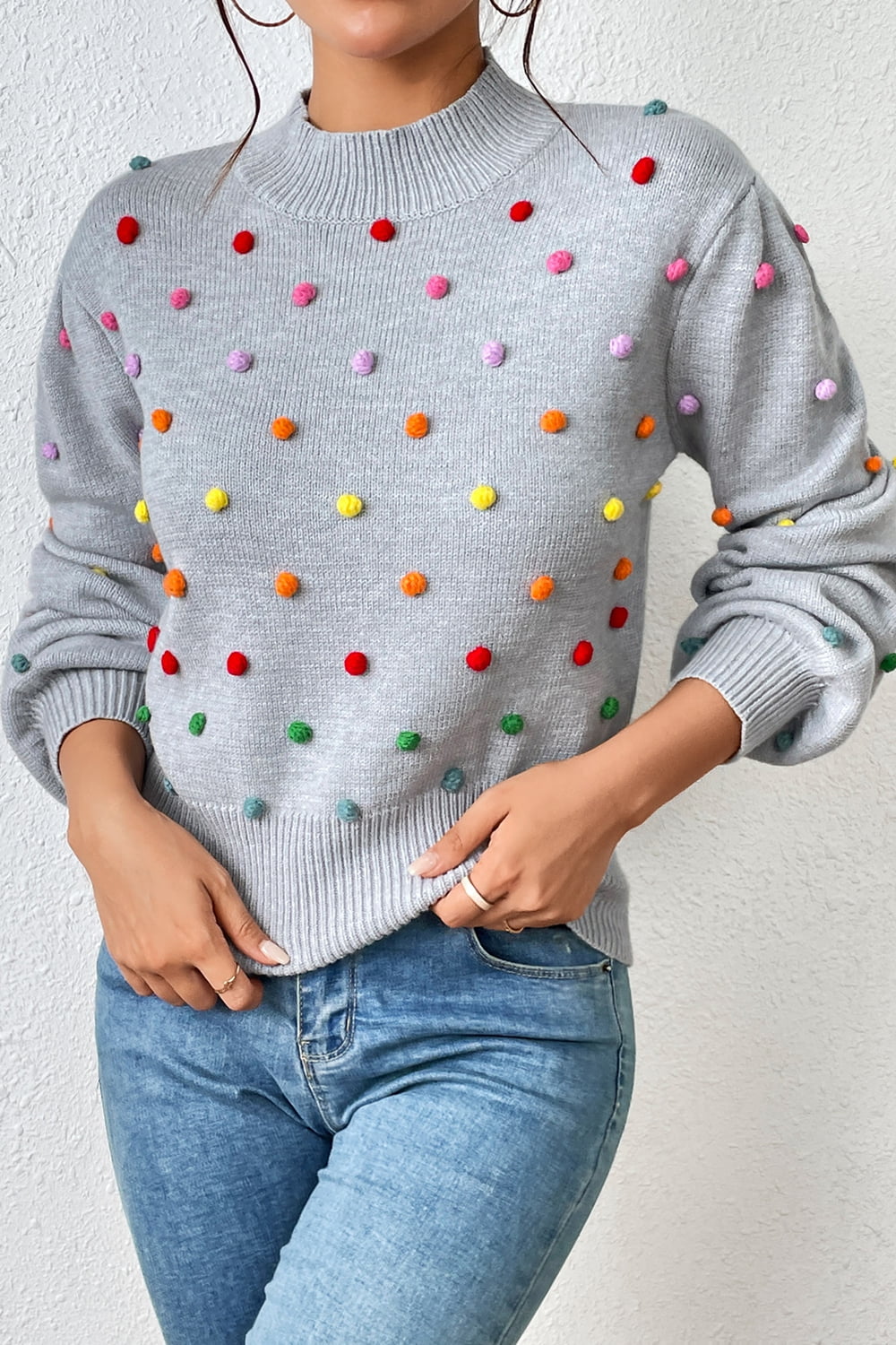 Pom-Pom Trim Mock Neck Long Sleeve Pullover Sweater - The Beaucoup Home